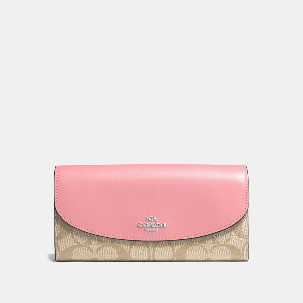 COACH F54022 Slim Envelope Wallet In Signature Coated Canvas SILVER/LIGHT KHAKI/BLUSH