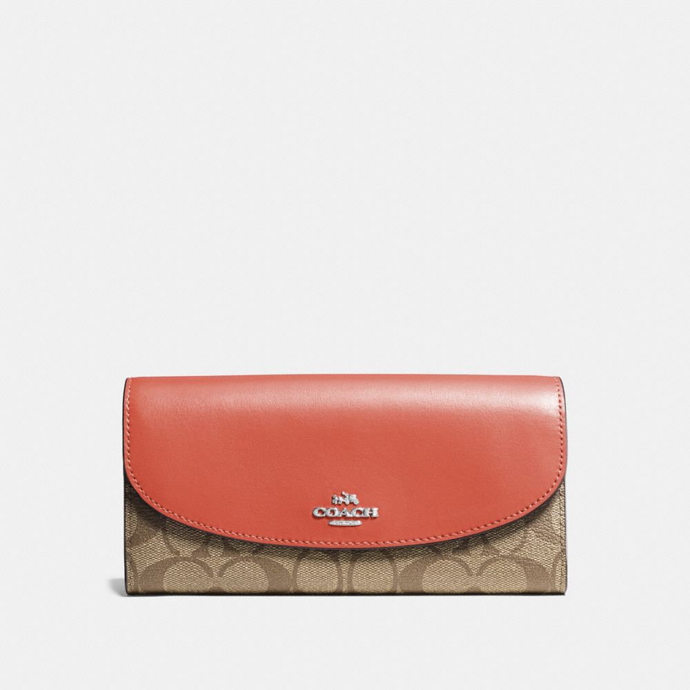 COACH f54022 SLIM ENVELOPE WALLET KHAKI/ORANGE RED/SILVER