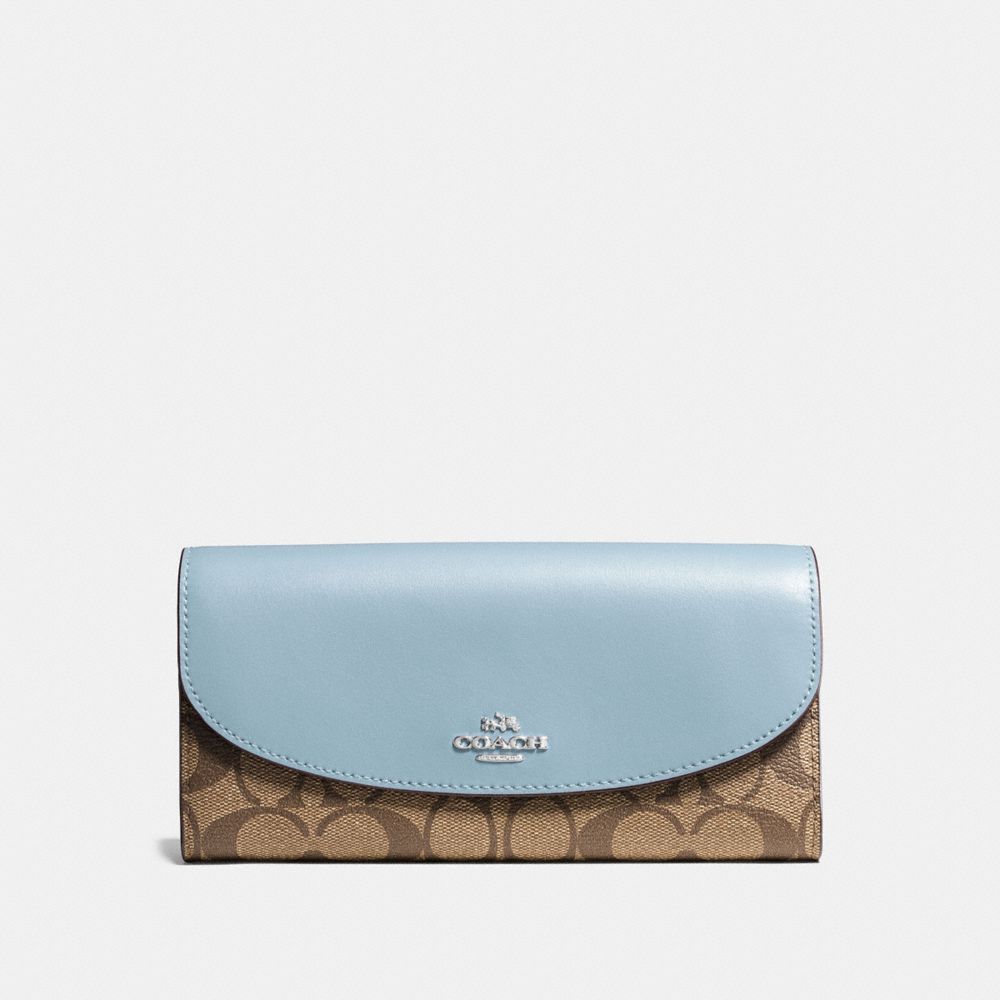 COACH f54022 SLIM ENVELOPE WALLET IN SIGNATURE CANVAS khaki/pale blue/silver