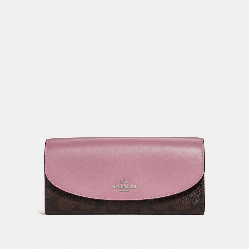COACH F54022 SLIM ENVELOPE WALLET IN SIGNATURE CANVAS BROWN/DUSTY-ROSE/SILVER