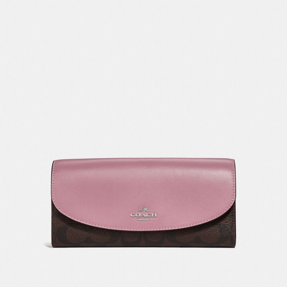 COACH F54022 SLIM ENVELOPE WALLET IN SIGNATURE CANVAS BROWN/DUSTY ROSE/SILVER