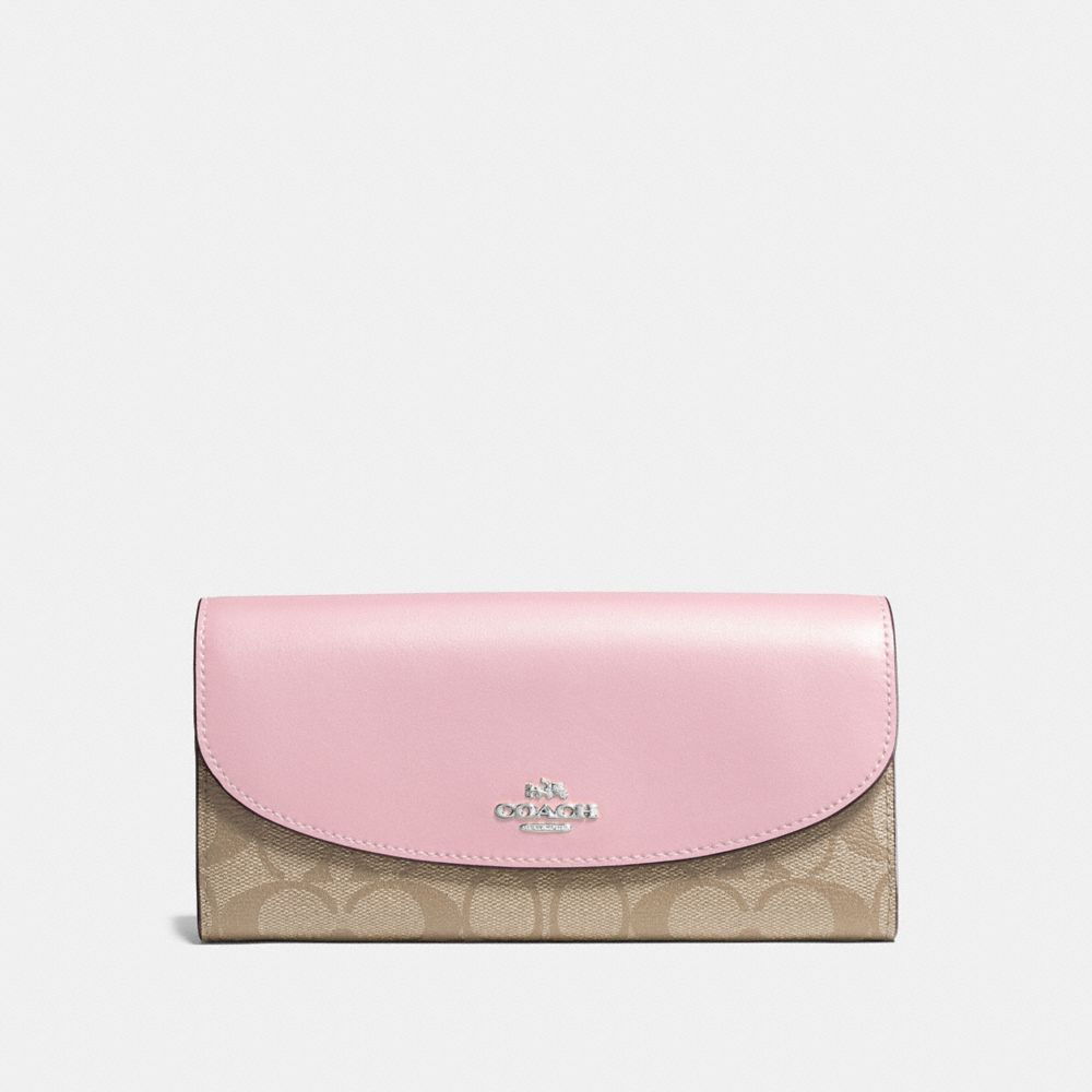 COACH F54022 SLIM ENVELOPE WALLET IN SIGNATURE CANVAS LIGHT-KHAKI/CARNATION/SILVER