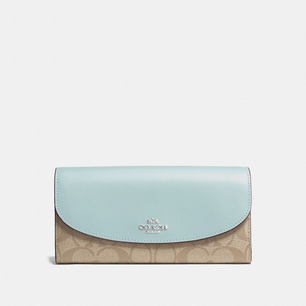 COACH F54022 SLIM ENVELOPE WALLET IN SIGNATURE CANVAS LIGHT-KHAKI/SEAFOAM/SILVER