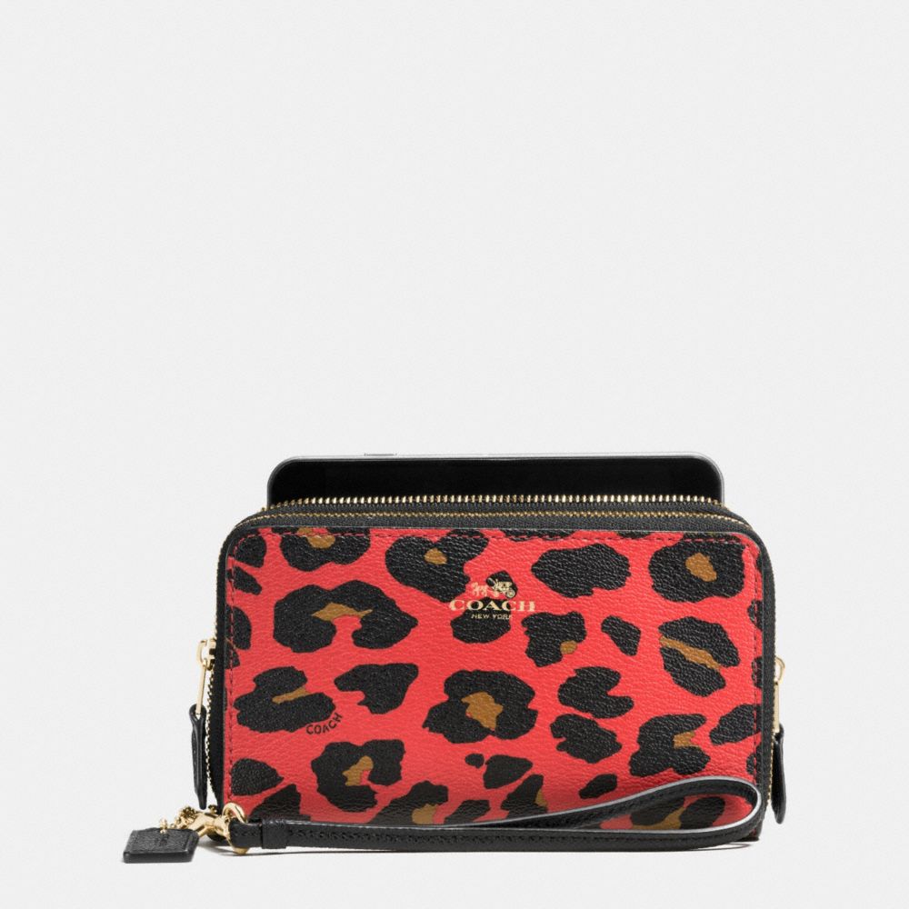 DOUBLE ZIP PHONE WALLET IN LEOPARD PRINT COATED CANVAS - IMITATION GOLD/WATERMELON - COACH F54055