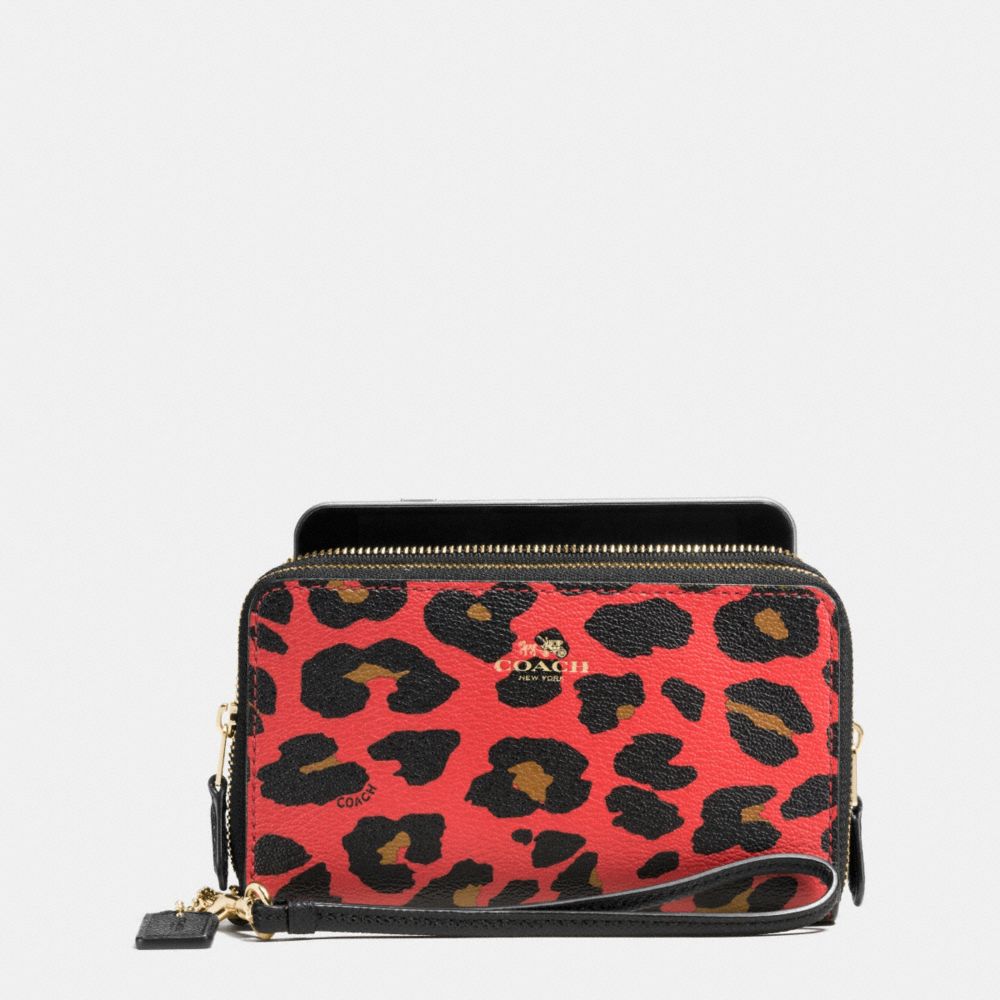 COACH f54055 DOUBLE ZIP PHONE WALLET IN LEOPARD PRINT COATED CANVAS IMITATION GOLD/WATERMELON