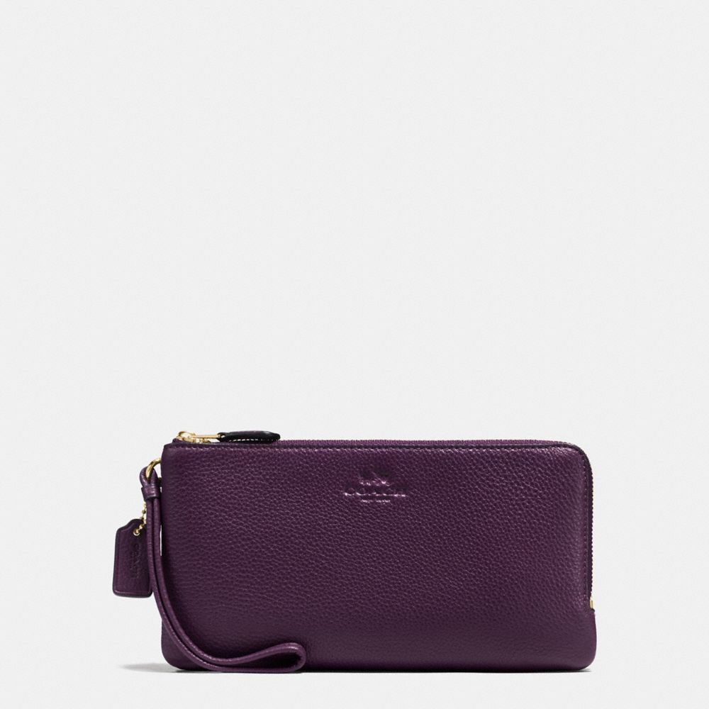 DOUBLE ZIP WALLET IN PEBBLE LEATHER - IMITATION GOLD/AUBERGINE - COACH F54056