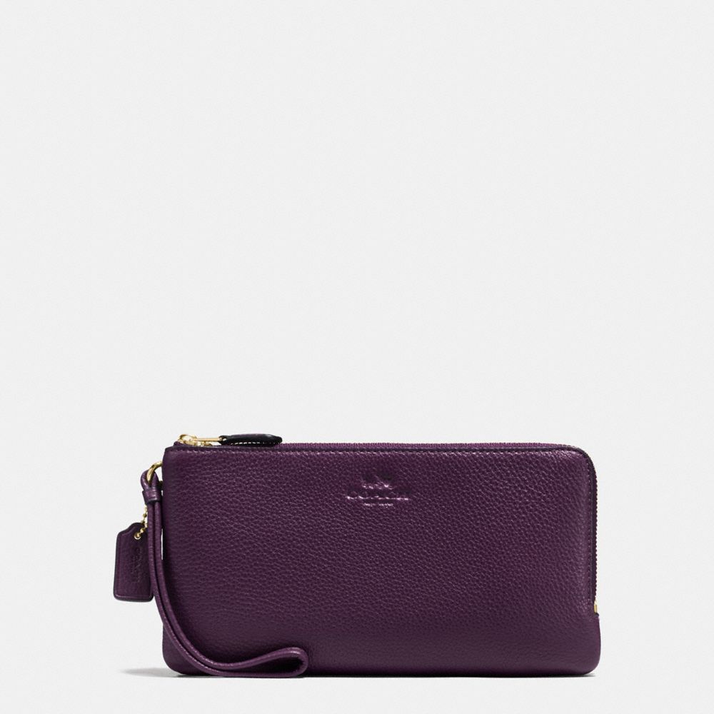 COACH F54056 Double Zip Wallet In Pebble Leather IMITATION GOLD/AUBERGINE