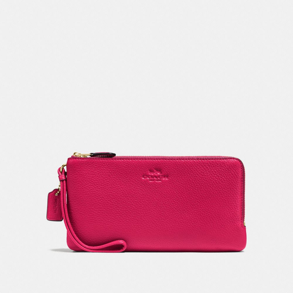 COACH f54056 DOUBLE ZIP WALLET IN PEBBLE LEATHER IMITATION GOLD/BRIGHT PINK