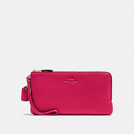 COACH f54056 DOUBLE ZIP WALLET IN PEBBLE LEATHER IMITATION GOLD/BRIGHT PINK