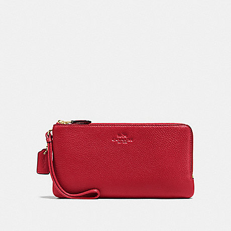 COACH f54056 DOUBLE ZIP WALLET IN PEBBLE LEATHER IMITATION GOLD/TRUE RED