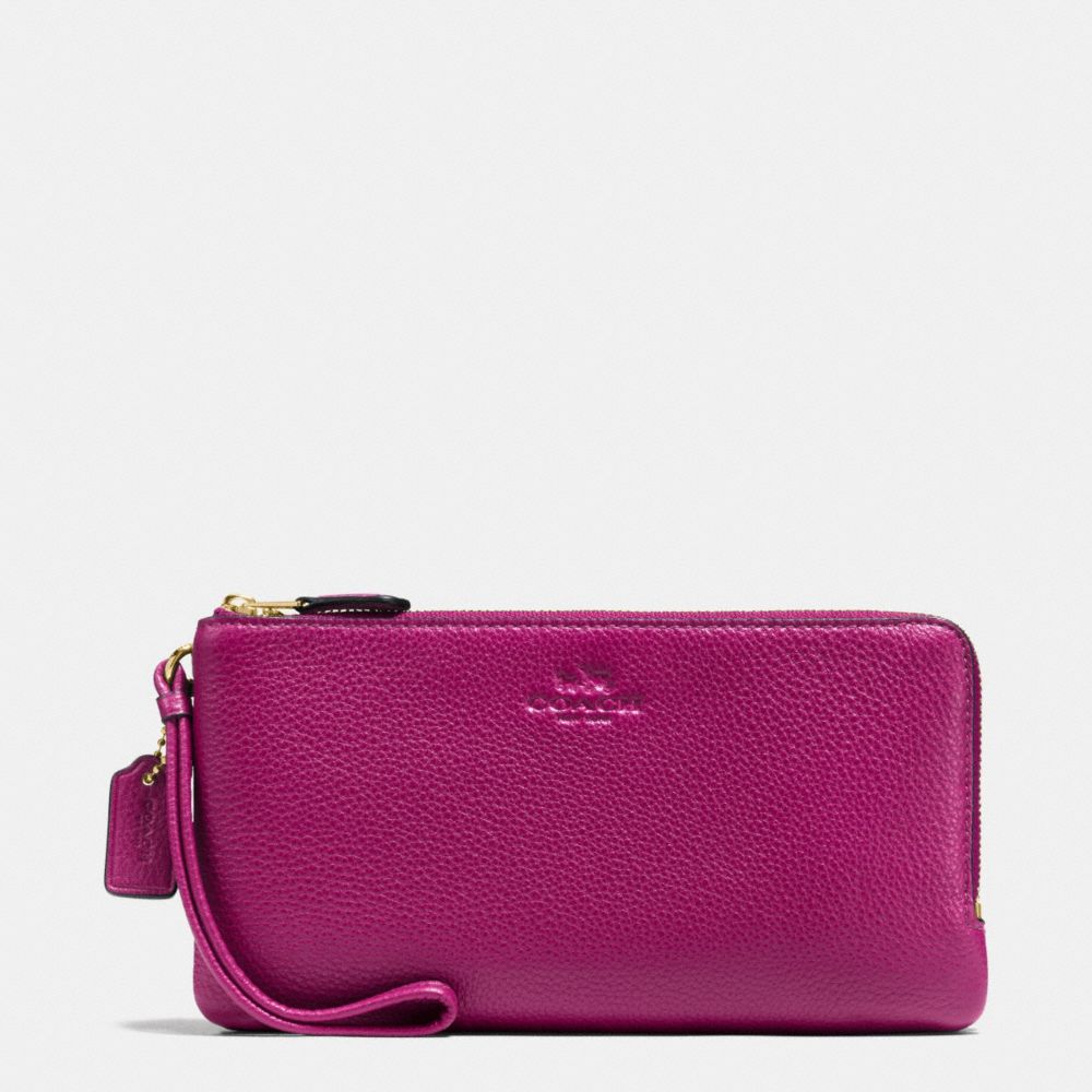 COACH F54056 Double Zip Wallet In Pebble Leather IMITATION GOLD/FUCHSIA