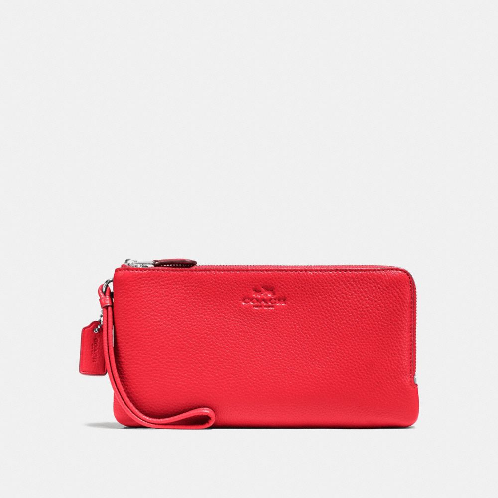 COACH f54056 DOUBLE ZIP WALLET IN PEBBLE LEATHER SILVER/BRIGHT RED