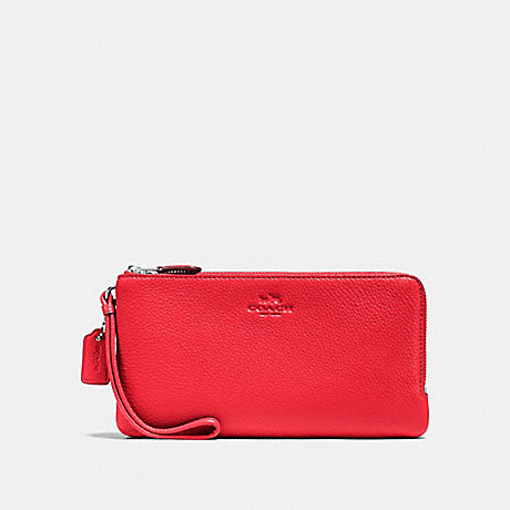COACH f54056 DOUBLE ZIP WALLET IN PEBBLE LEATHER SILVER/BRIGHT RED