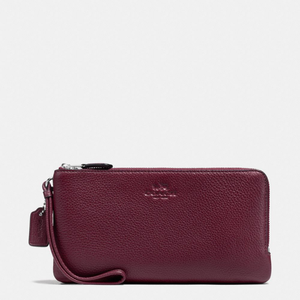 COACH f54056 DOUBLE ZIP WALLET IN PEBBLE LEATHER SILVER/BURGUNDY