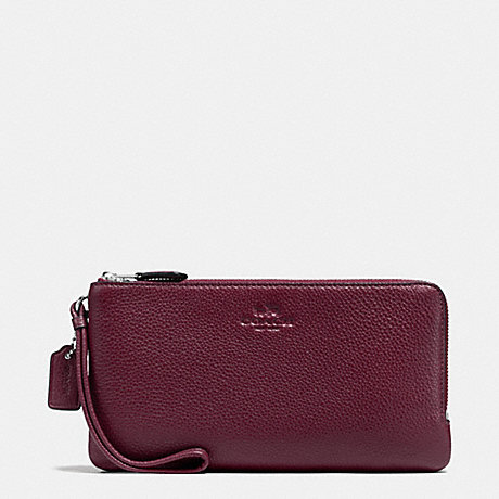 COACH DOUBLE ZIP WALLET IN PEBBLE LEATHER - SILVER/BURGUNDY - f54056