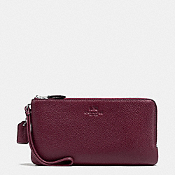 COACH F54056 Double Zip Wallet In Pebble Leather SILVER/BURGUNDY