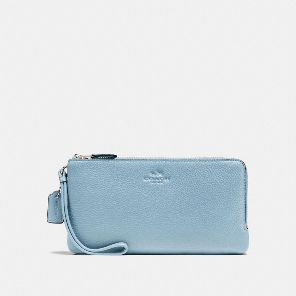 COACH F54056 Double Zip Wallet In Pebble Leather SILVER/CORNFLOWER