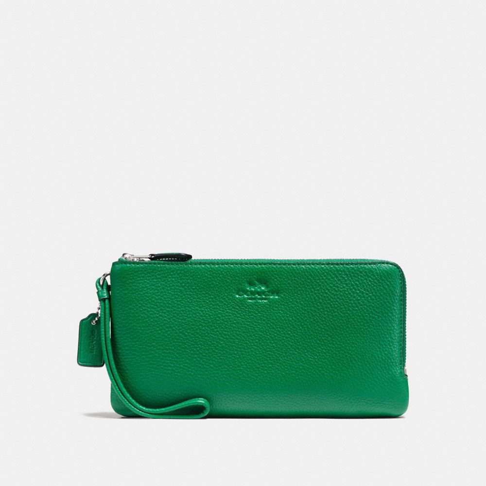 COACH f54056 DOUBLE ZIP WALLET IN PEBBLE LEATHER SILVER/JADE