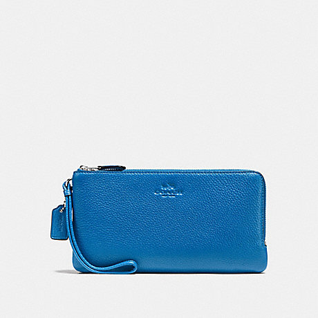 COACH f54056 DOUBLE ZIP WALLET IN PEBBLE LEATHER SILVER/LAPIS