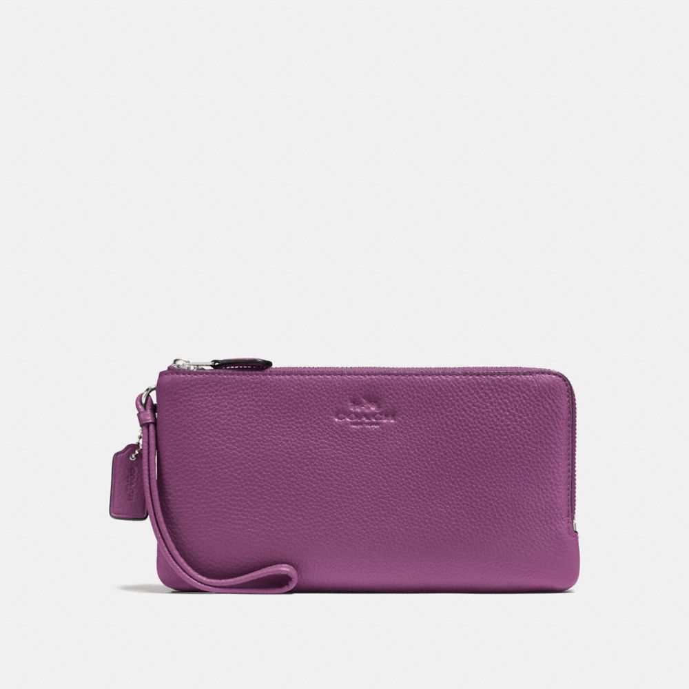 COACH F54056 Double Zip Wallet In Pebble Leather SILVER/MAUVE