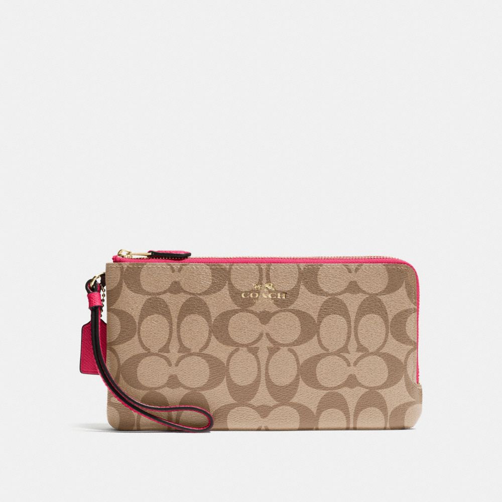 COACH F54057 DOUBLE ZIP WALLET IN SIGNATURE IMITATION-GOLD/KHAKI-BRIGHT-PINK