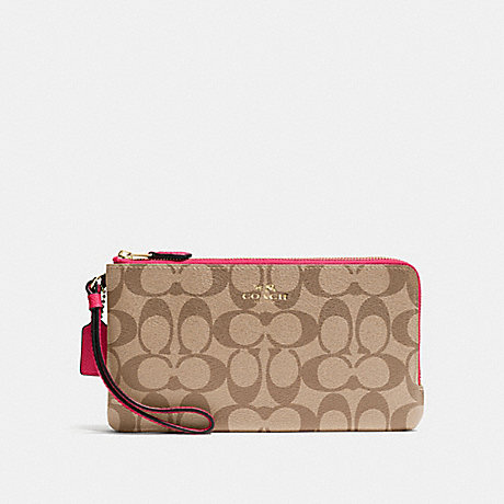 COACH DOUBLE ZIP WALLET IN SIGNATURE - IMITATION GOLD/KHAKI BRIGHT PINK - f54057