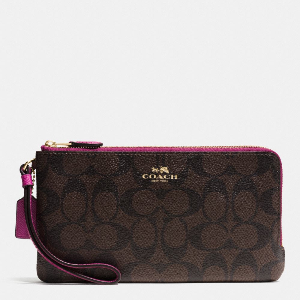 COACH F54057 DOUBLE ZIP WALLET IN SIGNATURE IMITATION GOLD BROWN FUCHSIA COACH WALLETS WRISTLETS