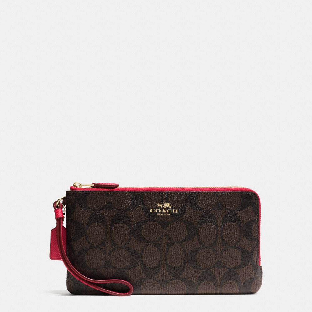 COACH DOUBLE ZIP WALLET IN SIGNATURE - IMITATION GOLD/BROWN TRUE RED - f54057