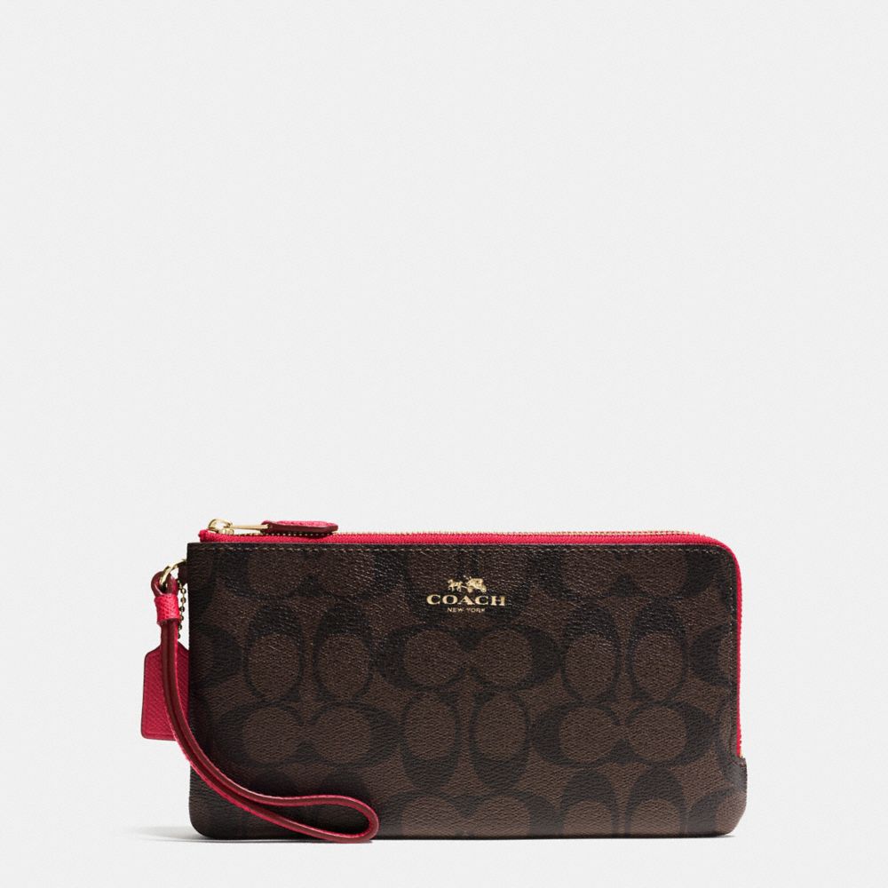 COACH f54057 DOUBLE ZIP WALLET IN SIGNATURE IMITATION GOLD/BROWN TRUE RED