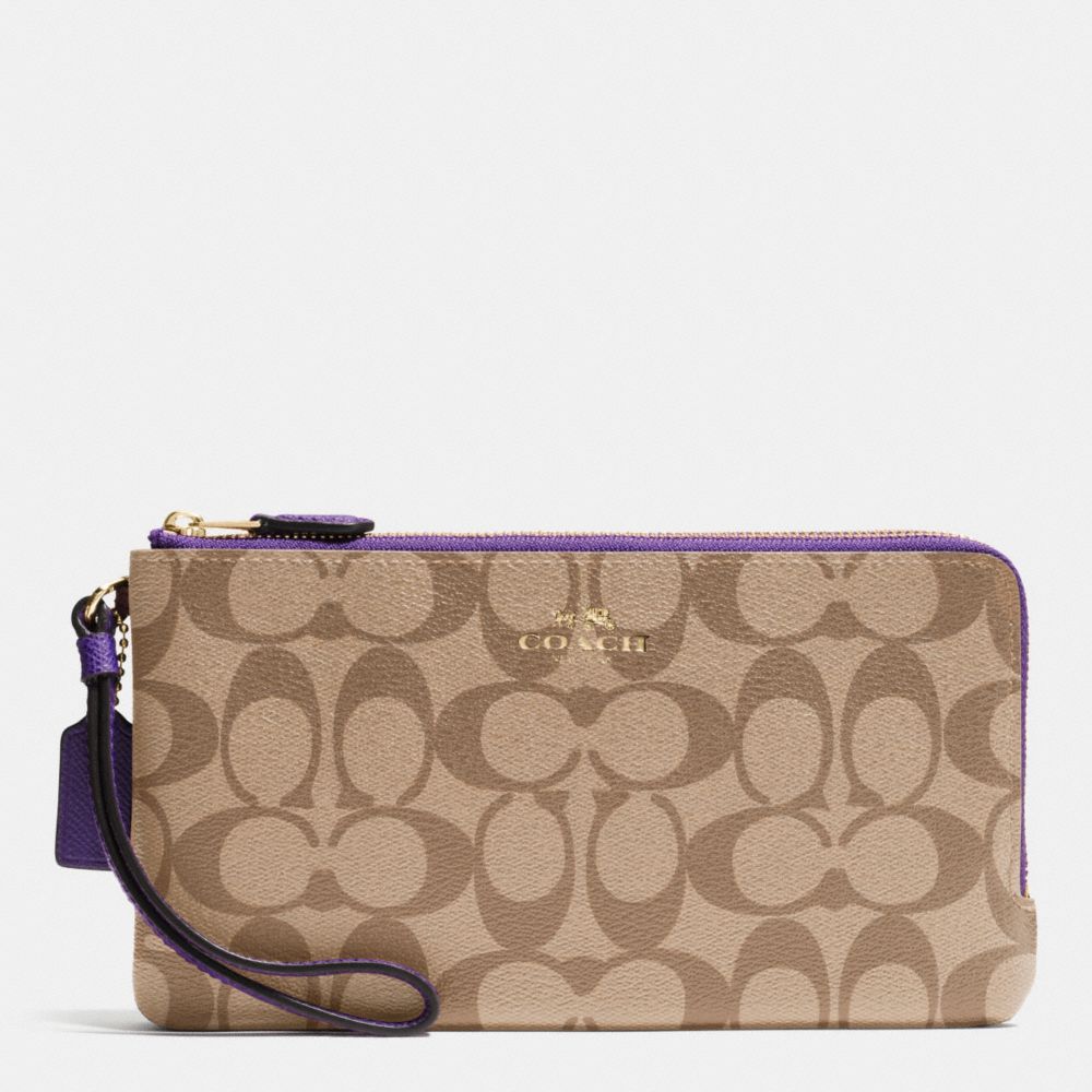 COACH DOUBLE ZIP WALLET IN SIGNATURE - IMITATION GOLD/KHAKI AUBERGINE - F54057