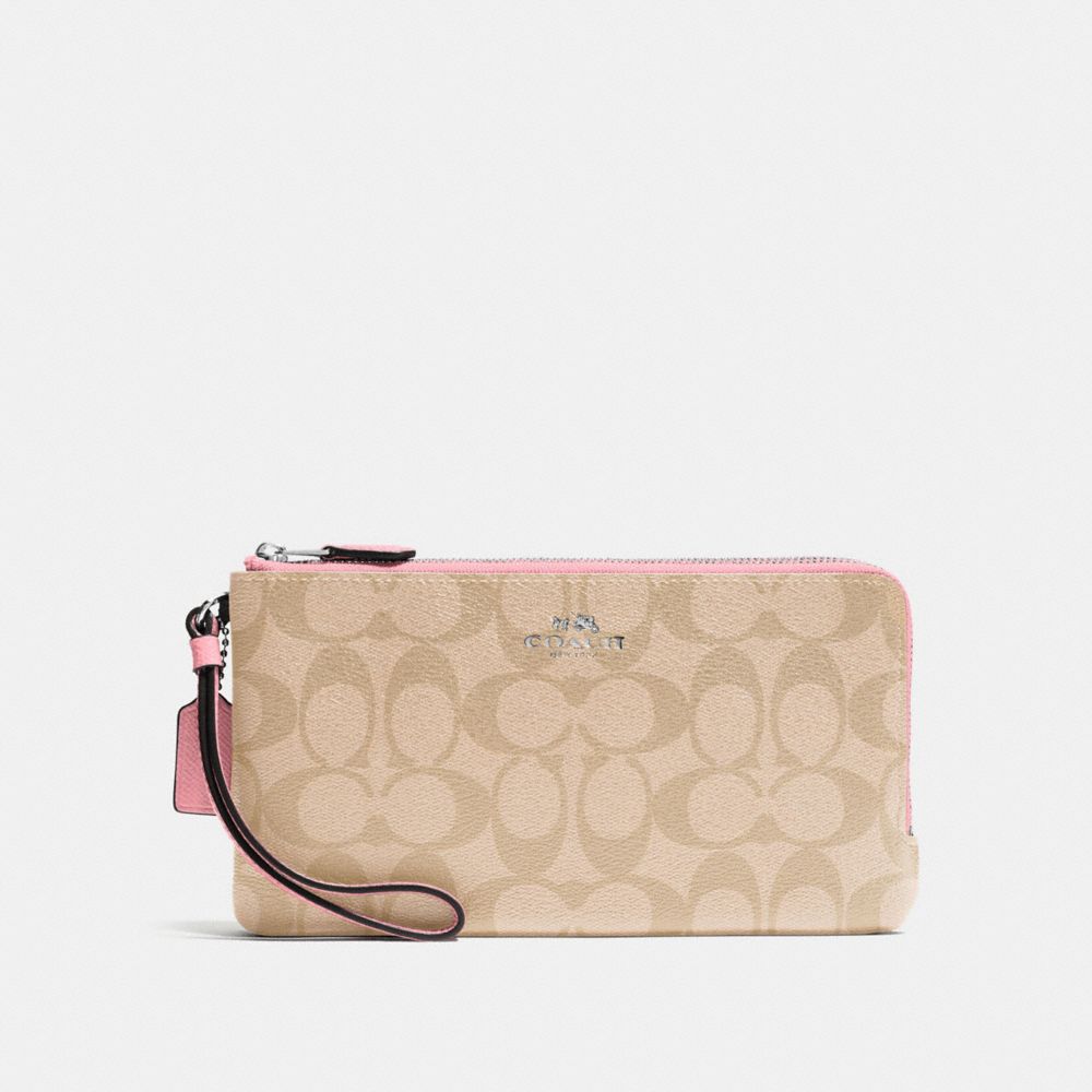 COACH F54057 Double Zip Wallet In Signature Coated Canvas SILVER/LIGHT KHAKI/BLUSH