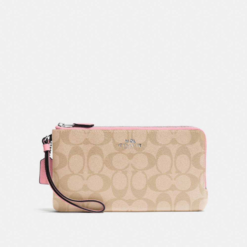 COACH f54057 DOUBLE ZIP WALLET IN SIGNATURE COATED CANVAS SILVER/LIGHT KHAKI/BLUSH