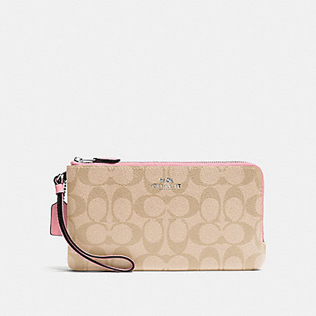 COACH f54057 DOUBLE ZIP WALLET IN SIGNATURE COATED CANVAS SILVER/LIGHT KHAKI/BLUSH