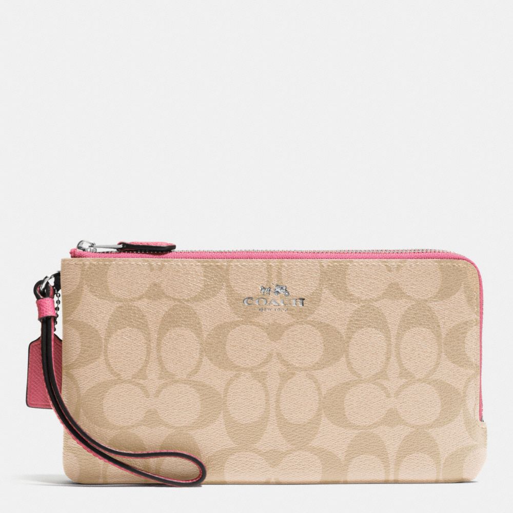 COACH DOUBLE ZIP WALLET IN SIGNATURE - SILVER/LIGHT KHAKI/STRAWBERRY - f54057