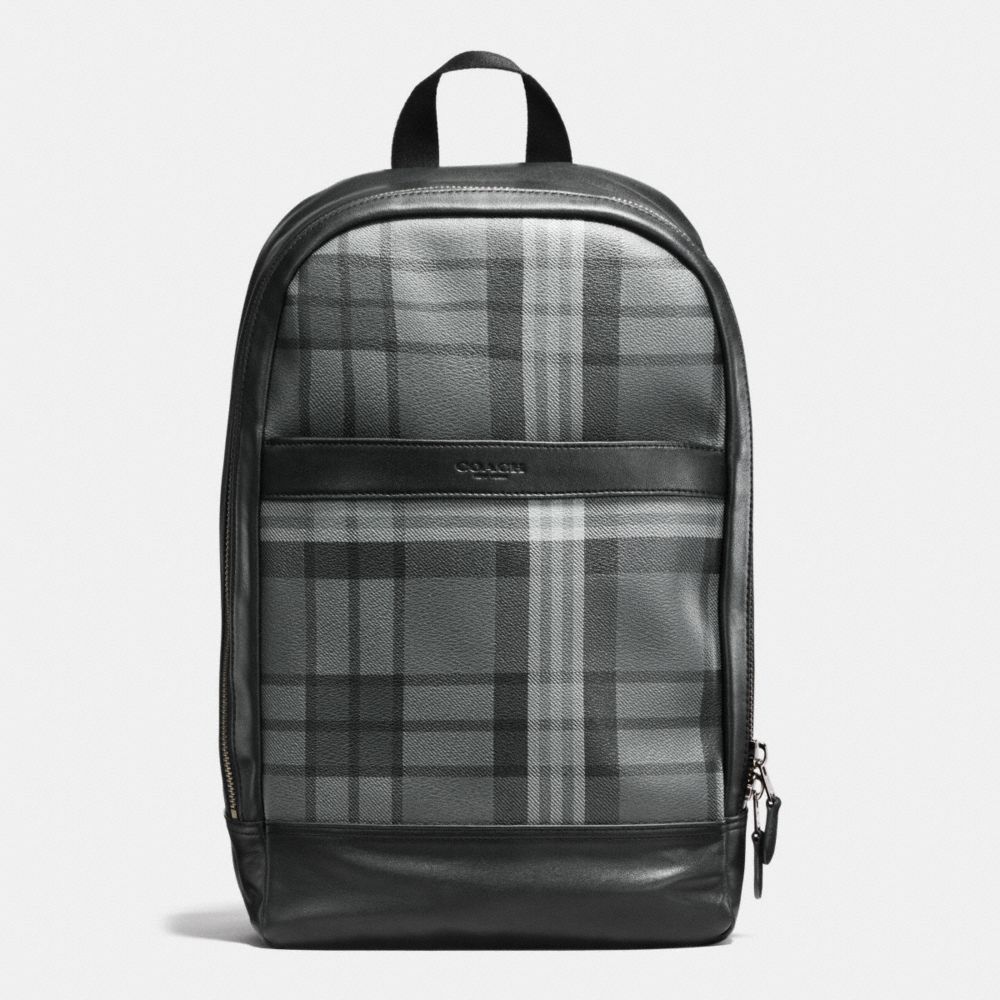 COACH f54139 CHARLES SLIM BACKPACK IN PRINTED COATED CANVAS GREY/BLACK PLAID