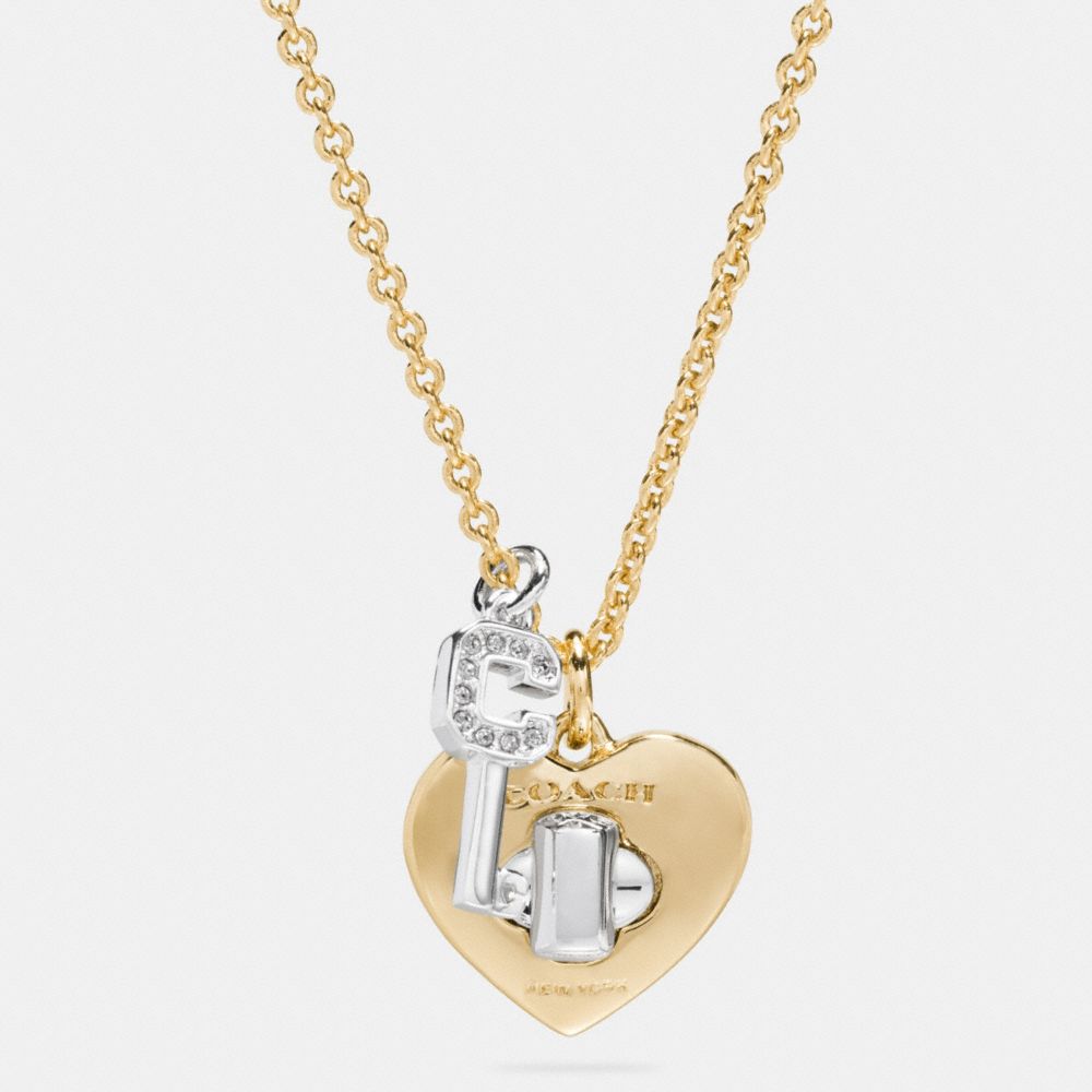 COACH f54486 TURNLOCK HEART AND KEY LONG NECKLACE GOLD/SILVER