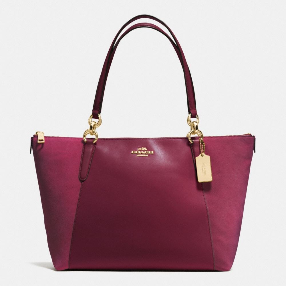 COACH AVA TOTE IN LEATHER AND SUEDE WITH CROC EMBOSSED LEATHER TRIM - IMITATION GOLD/BURGUNDY - F54579