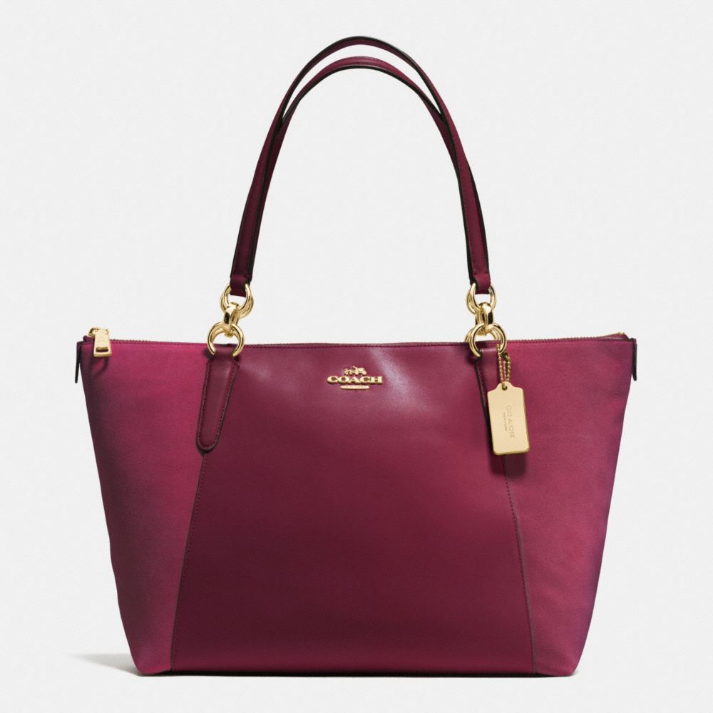 COACH AVA TOTE IN LEATHER AND SUEDE WITH CROC EMBOSSED LEATHER TRIM - IMITATION GOLD/BURGUNDY - f54579