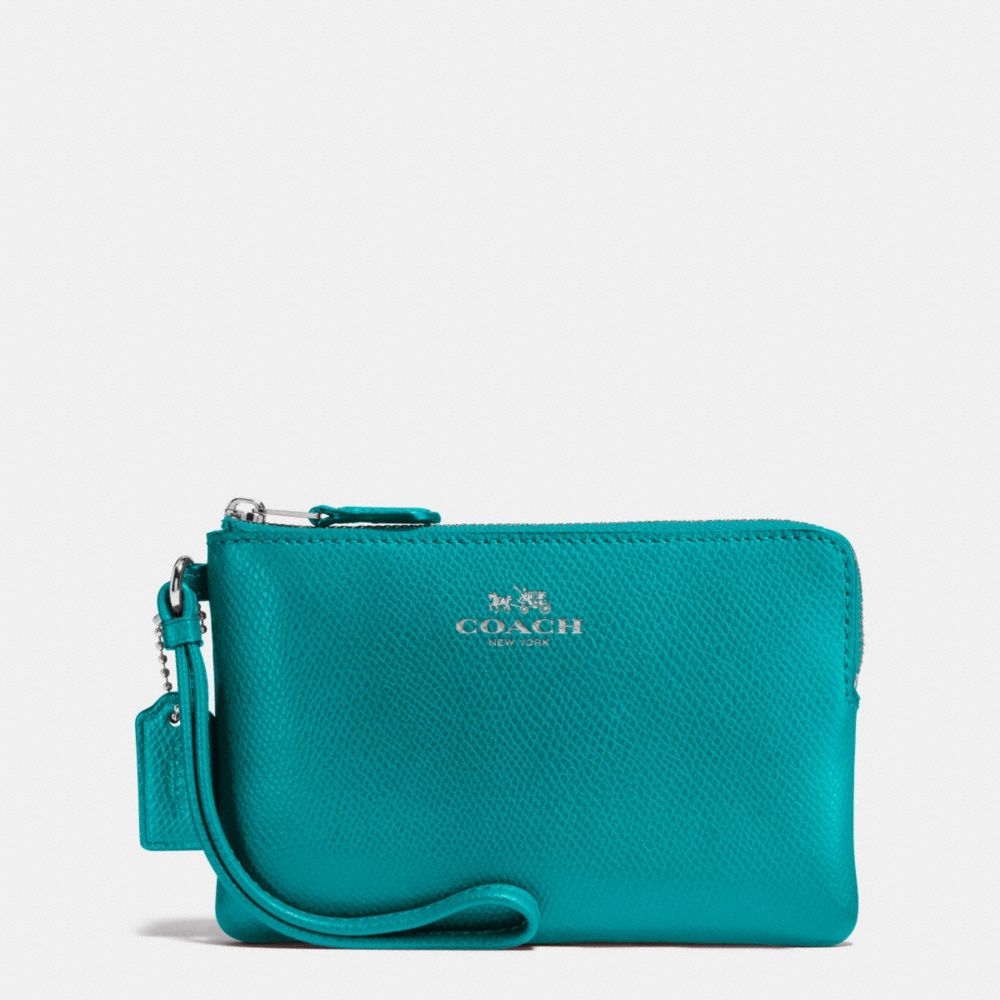 COACH f54626 CORNER ZIP WRISTLET IN CROSSGRAIN LEATHER SILVER/TURQUOISE