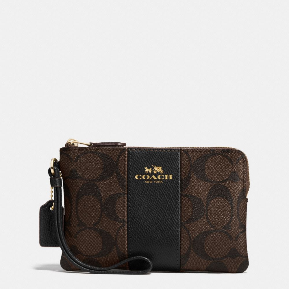 COACH F54629 Corner Zip Wristlet In Signature Coated Canvas With Leather Stripe IMITATION GOLD/BROWN/BLACK