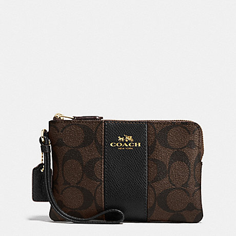 COACH F54629 CORNER ZIP WRISTLET IN SIGNATURE COATED CANVAS WITH LEATHER STRIPE IMITATION-GOLD/BROWN/BLACK
