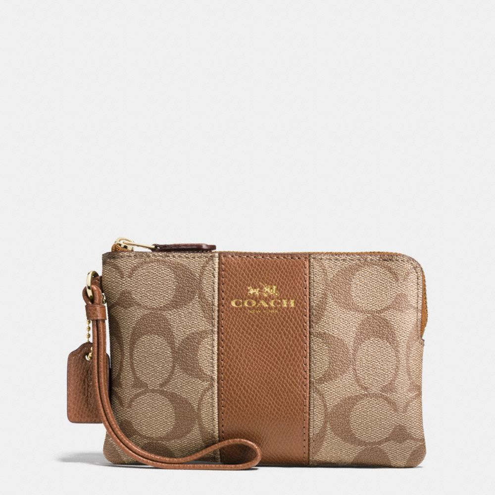 COACH F54629 Corner Zip Wristlet In Signature Coated Canvas With Leather Stripe IMITATION GOLD/KHAKI/SADDLE