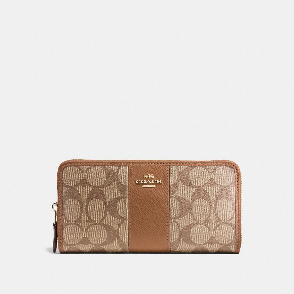 COACH F54630 Accordion Zip Wallet In Signature Coated Canvas With Leather Stripe IMITATION GOLD/KHAKI/SADDLE