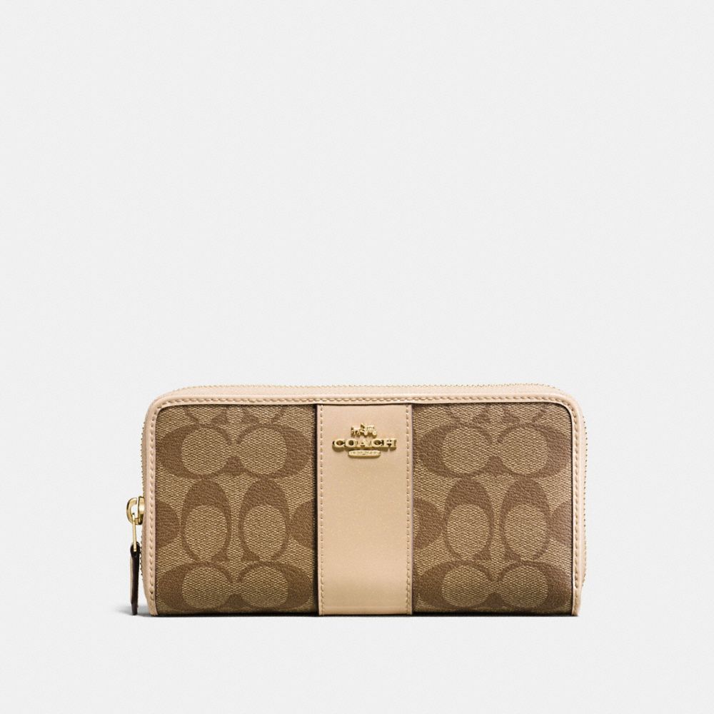 COACH F54630 Accordion Zip Wallet In Signature Coated Canvas With Leather Stripe IMITATION GOLD/KHAKI PLATINUM