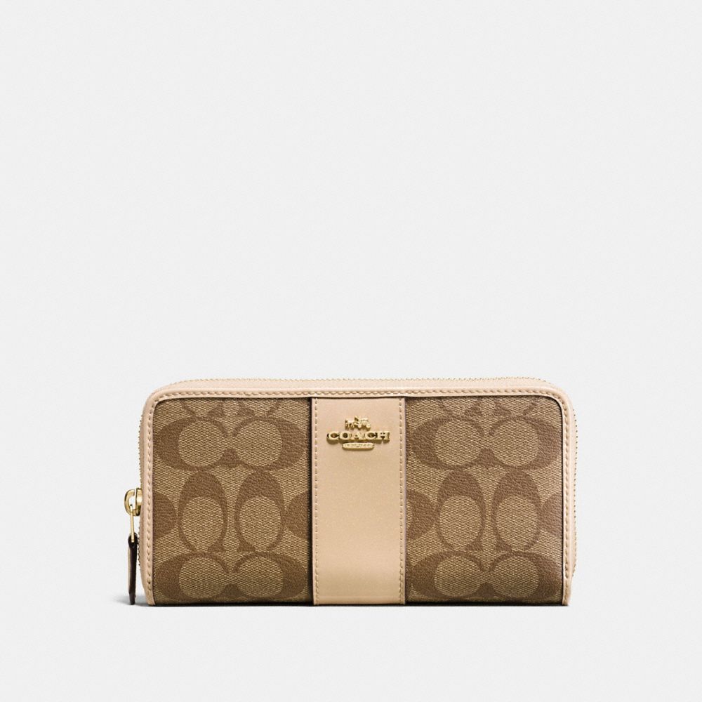 COACH f54630 ACCORDION ZIP WALLET IN SIGNATURE COATED CANVAS WITH LEATHER STRIPE IMITATION GOLD/KHAKI PLATINUM