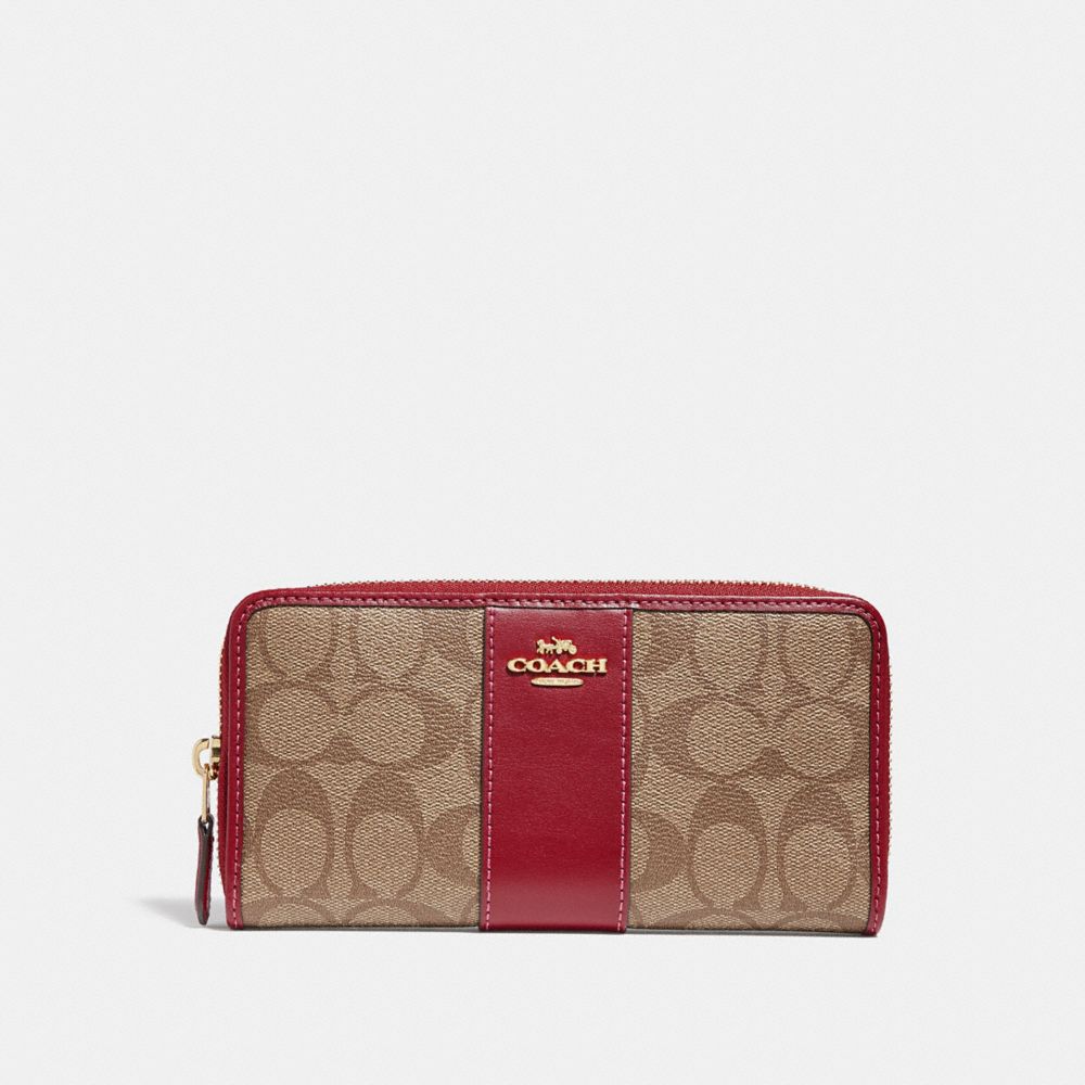 COACH F54630 - ACCORDION ZIP WALLET IN SIGNATURE CANVAS KHAKI/CHERRY/LIGHT GOLD