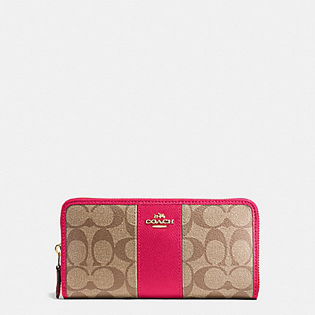 COACH ACCORDION ZIP WALLET IN SIGNATURE COATED CANVAS WITH LEATHER STRIPE - IMITATION GOLD/KHAKI/BRIGHT PINK - f54630
