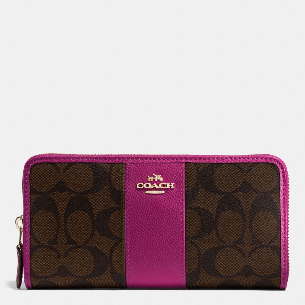 COACH F54630 Accordion Zip Wallet In Signature Coated Canvas With Leather Stripe IMITATION GOLD/BROWN/FUCHSIA