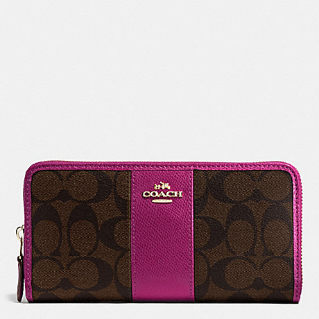 COACH F54630 ACCORDION ZIP WALLET IN SIGNATURE COATED CANVAS WITH LEATHER STRIPE IMITATION-GOLD/BROWN/FUCHSIA