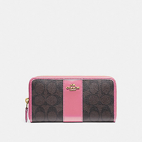 COACH f54630 ACCORDION ZIP WALLET IN SIGNATURE CANVAS brown /pink/light gold